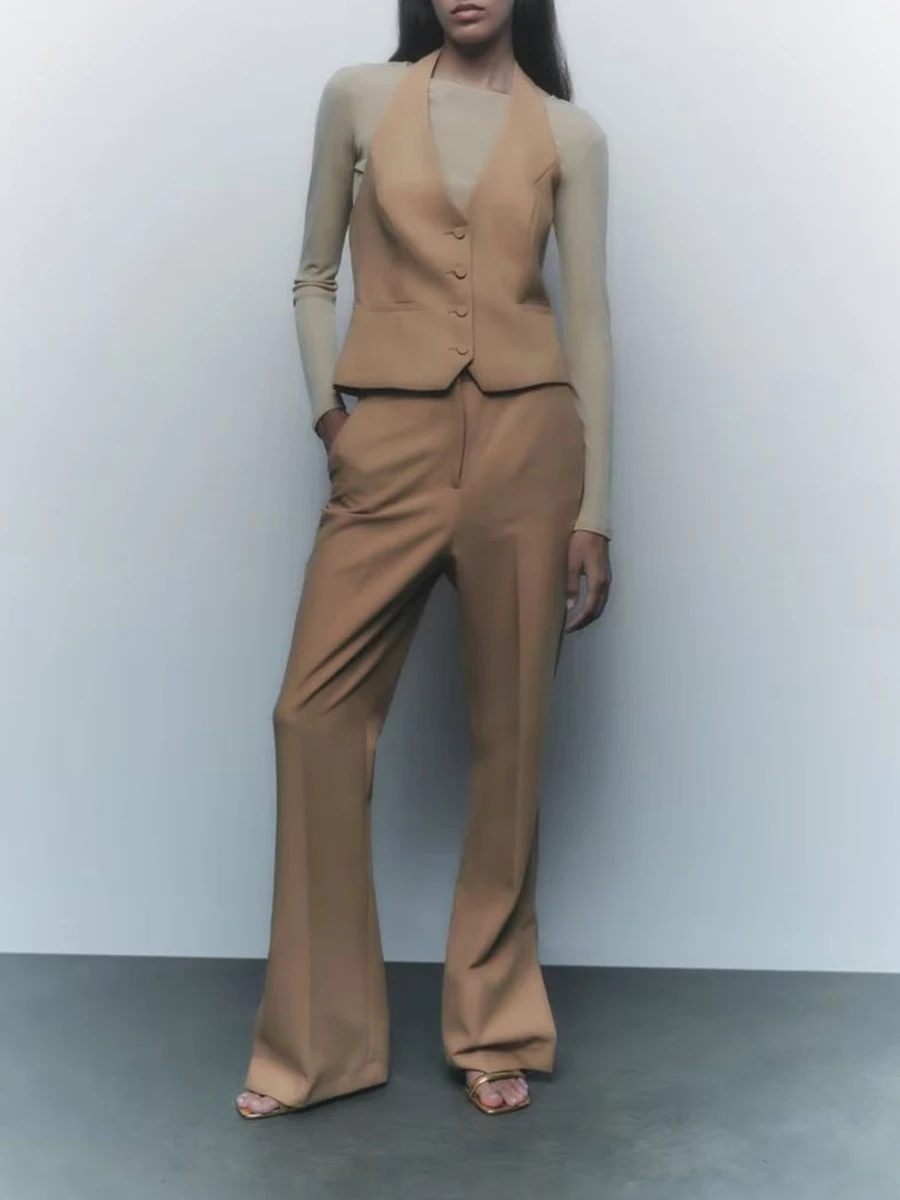 

Solid Color Hanging Neck Vest Split Pants 2-piece Set Woman Sleeveless Sets Street Style Fashion Casual Autumn New Slim Suit
