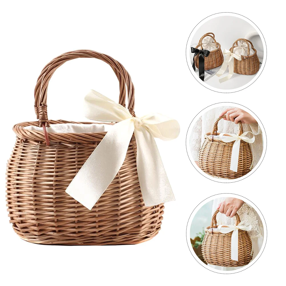 

Rattan Flower Basket Handheld Oval Boho Baskets Hand-Woven Storage Container Beach Tote Handmade Shopping Handwoven