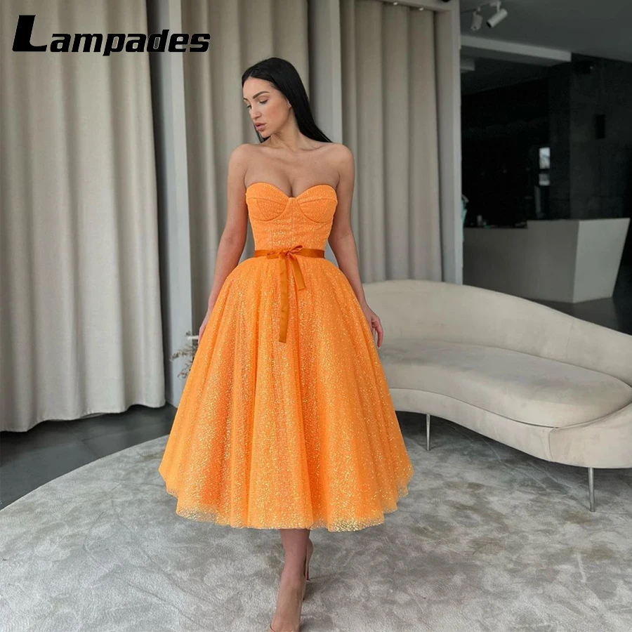 

Puffy Orange Sequins Tulle Knee Length Cocktail Dress Robe Coktail Femme Invité Mariage Vestidos De Fiestas De Noche Para Mujer