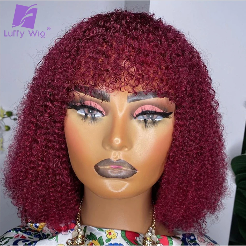 

Short Kinky Curly 99J Red Burgundy Color Glueless Wigs with Bangs 200 Density Afro Curly Bob Cut Full Machine Human Hair Wig