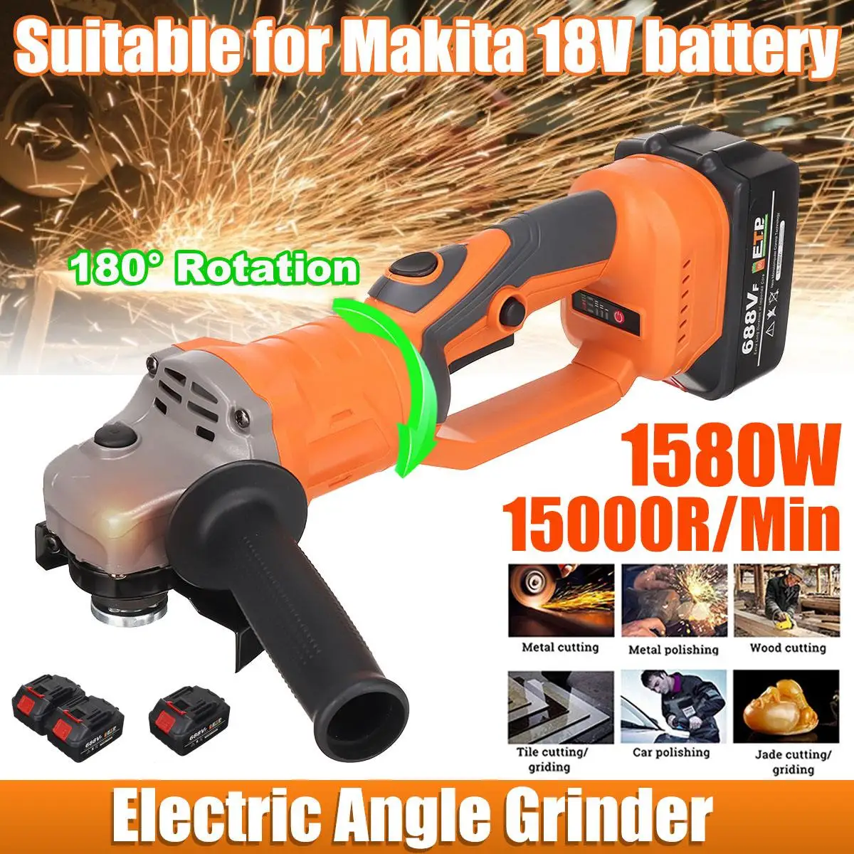

18V 100mm 688VF Brushless Cordless Angle Grinder 180 Degree Rotation Rechargeable Electric Grinder For Makita 18V Battery