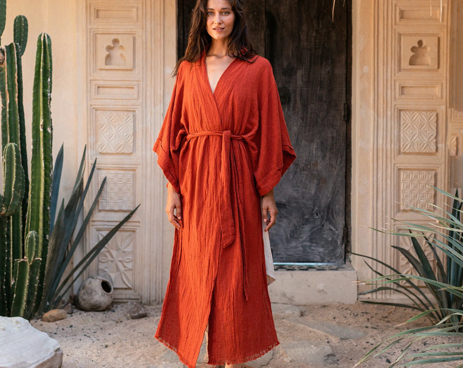 

Red Cotton Solid Kimono Bikini Cover-ups Sexy Belt Wrap Long Dress Summer Clothes Women Beach Wear Swim Suit Cover Up