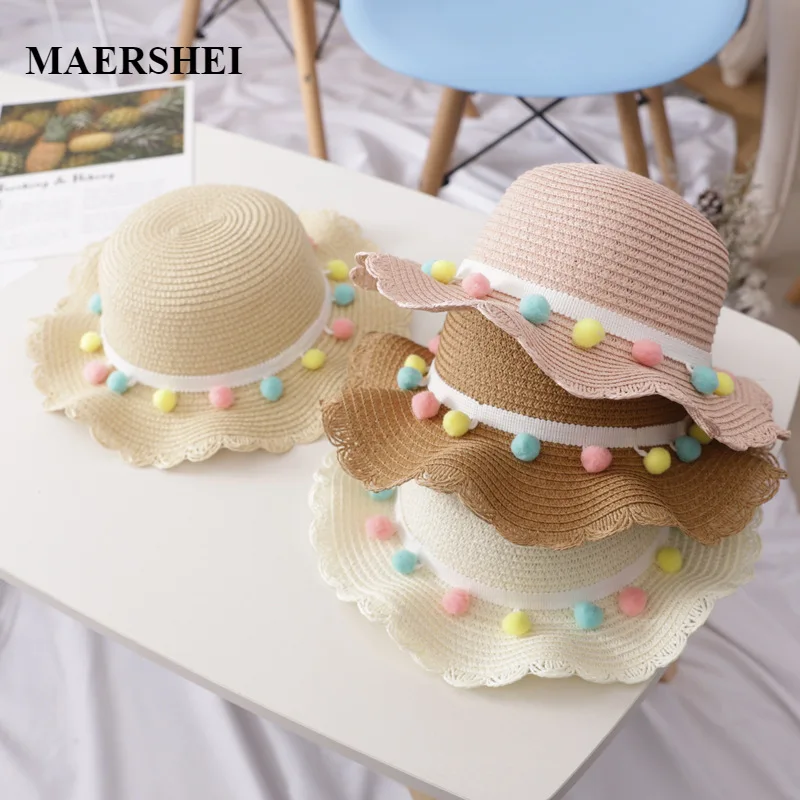 

Kids Girls Large Wide Brim Straw Woven Sun Protection Beach Hat Colorful Pompom Ball Summer Floppy Bucket Cap Portable Handbag