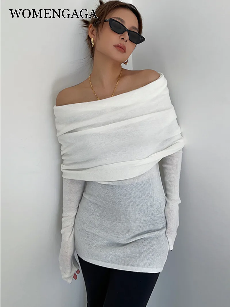 

WOMENGAGA French Style Slash Neck Shoulder Lazy Solid Color Knitted Tops Sweater Spicy Girls Sexy Top Thin Fashion Korean G032