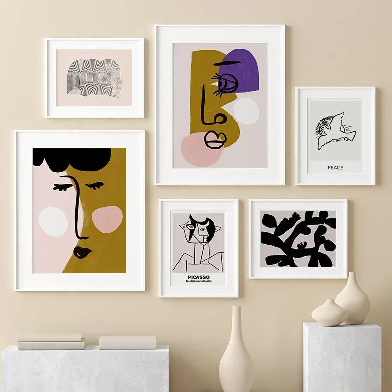 Настенный художественный принт абстрактная линия лицо кошка птица минимализм