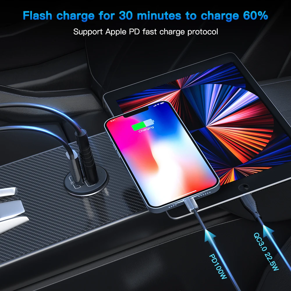 Автомобильный прикуриватель Anchtek 100 Вт USB Type-C PD 2 порта QC3.0 быстрая зарядка