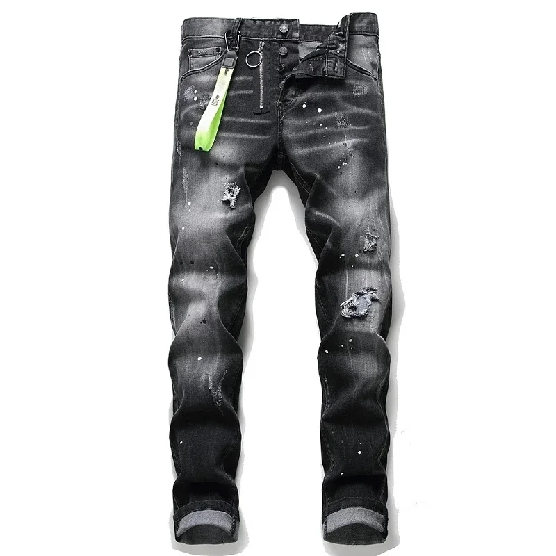 

European Italy Men Fashion Brand Jeans Pants Men Slim Jeans Patchwork Letter Moto & Biker Jeans Pants Black Hole Jeans for Men