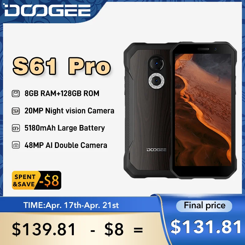 DOOGEE S61 Pro Rugged Phone IP68/IP69K 6.0" Android 12 Multiple Back Case Design 20MP Night Vision 5180mAh Phone