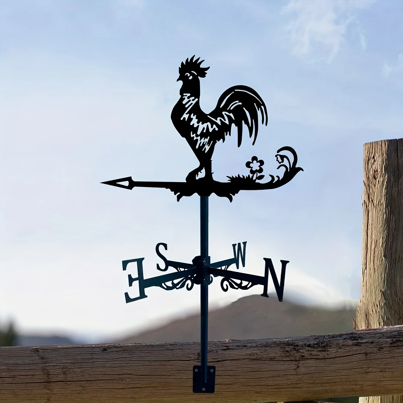 

1pc Iron Garden Art Silhouette Rooster Wind Vane With Spike, Weathervane Metal Wind Vane For Yards, Lawn, Garden
