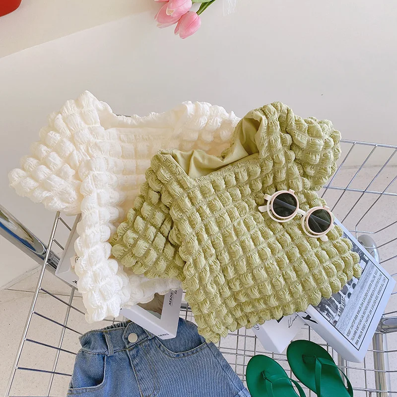 

Girls' fashion bubble check Tops 1-6 years baby girl solid color square collar short sleeve T shirts