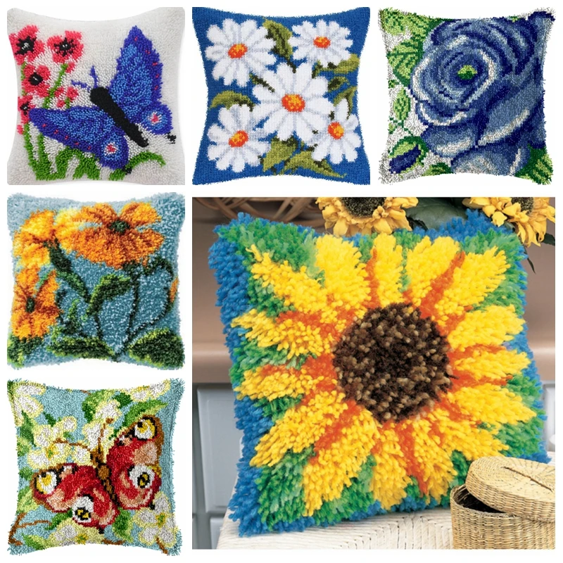 

Butterfly Flower Plant Latch Hook Cross Stitch Kit Latch Hook Pillow Kit Knot Pillow Package Sofo Home Decoration DIY