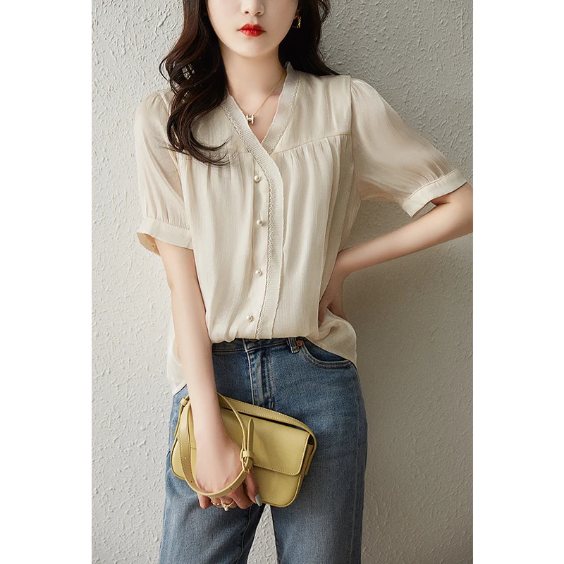 

Элегантная блузка, топы с коротким рукавом, сетчатая панель, блузка с бусинами и V-образным вырезом, топы, офисные женские блузки, модные женс...