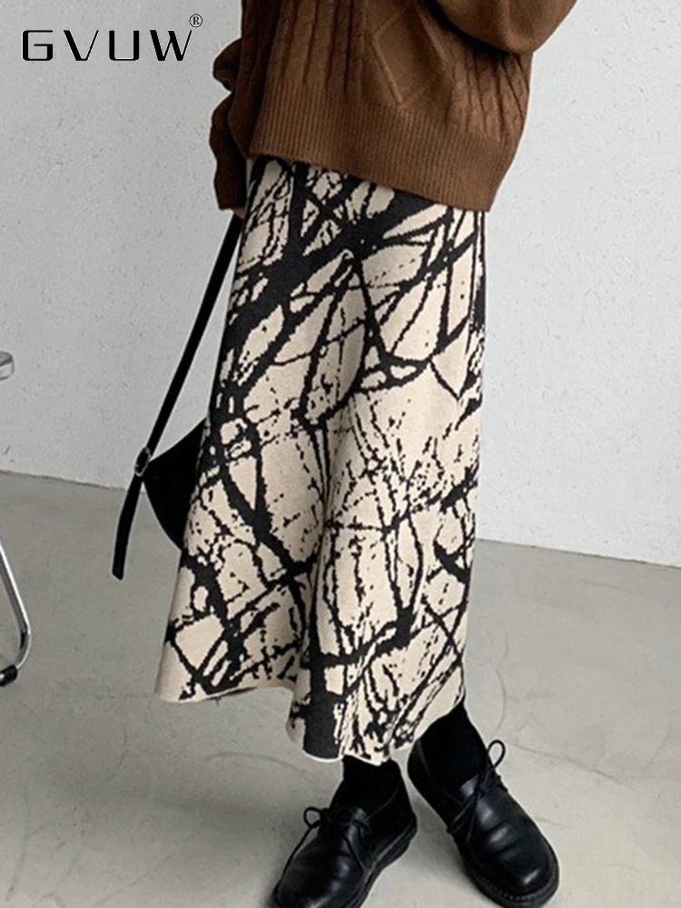 

GVUW New Autumn Printed Knitted Skirt For Women High Waist Slim Casual Versatile Mid Length A-line Skirts Female Fashion 17G2483