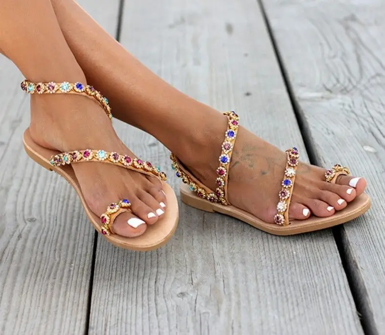 Summer Sandals for Woman Flat Bottom Flower Toe Sandals Colorful Diamond Beach Women's Shoes 35-43 Large Size sandalias mujer