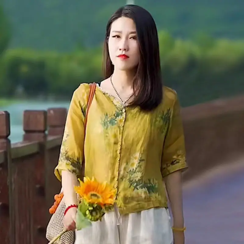 

Summer Cotton and Linen Suit Women's 2022 New Loose and Thin All-match Printing Five-point Sleeve Top Harem Pants Two-piece Set