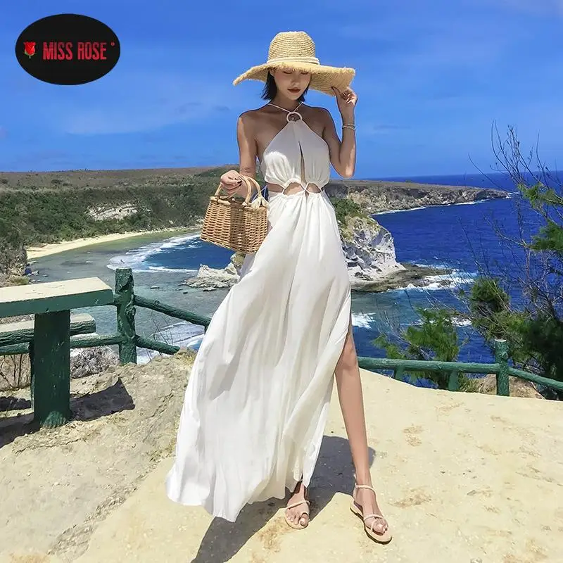Женское длинное белое платье до пола, пляжный сарафан с разрезом на спине и лямкой на шее в стиле бохо, платье без рукавов с вырезами на талии