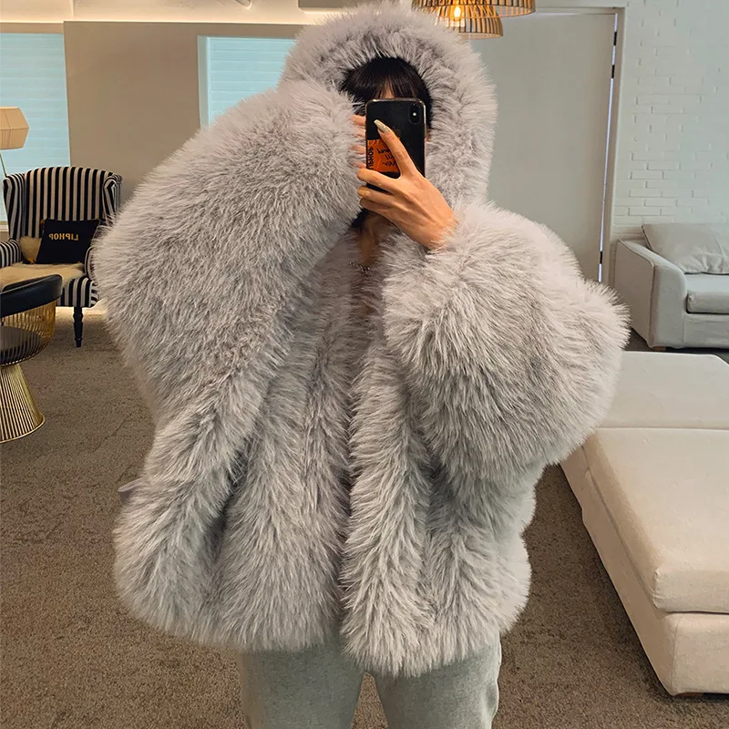 HOUZHOU Faux Fur Coat Women Winter 2022 Luxury Fluffy Coat Korean Hooded Loose Faux Fox Fur Cardigan Overcoat Female High Street