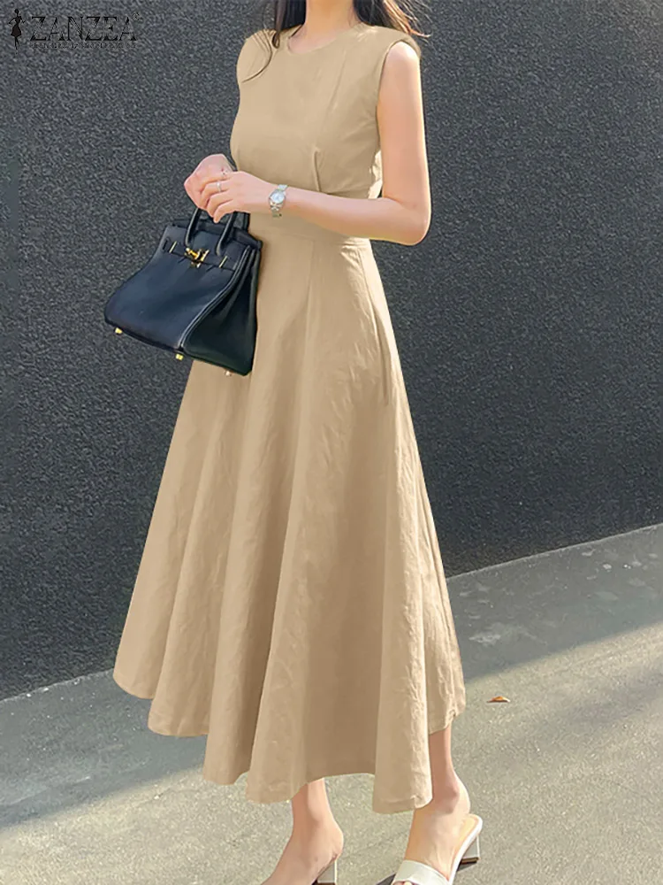 

Stylish Women Cotton Dresses ZANZEA Summer Dress Elegant Sleeveless High Waist Kaftan Vestido Robe Mid-calf Casual Sundress