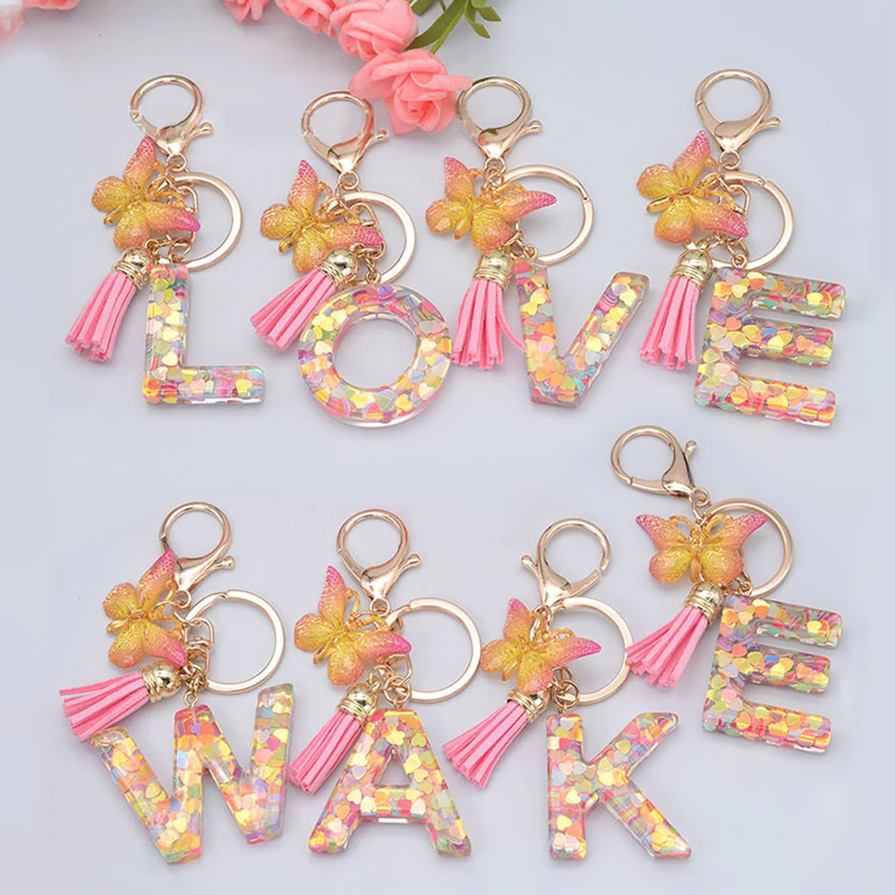 Fashion A-Z 26 Letter Resin Keychain Women's Exquisite Butterfly Pink Tassel Letter Key Ring Wallet Handbag Car Keys Ring Amulet