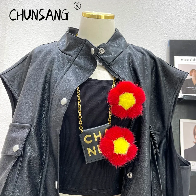 

Funny Flowers Real Mink Fur Pins Pin Cute Brooches for Women Designer Clothes Decoration Accessories Friends Christmas Gift