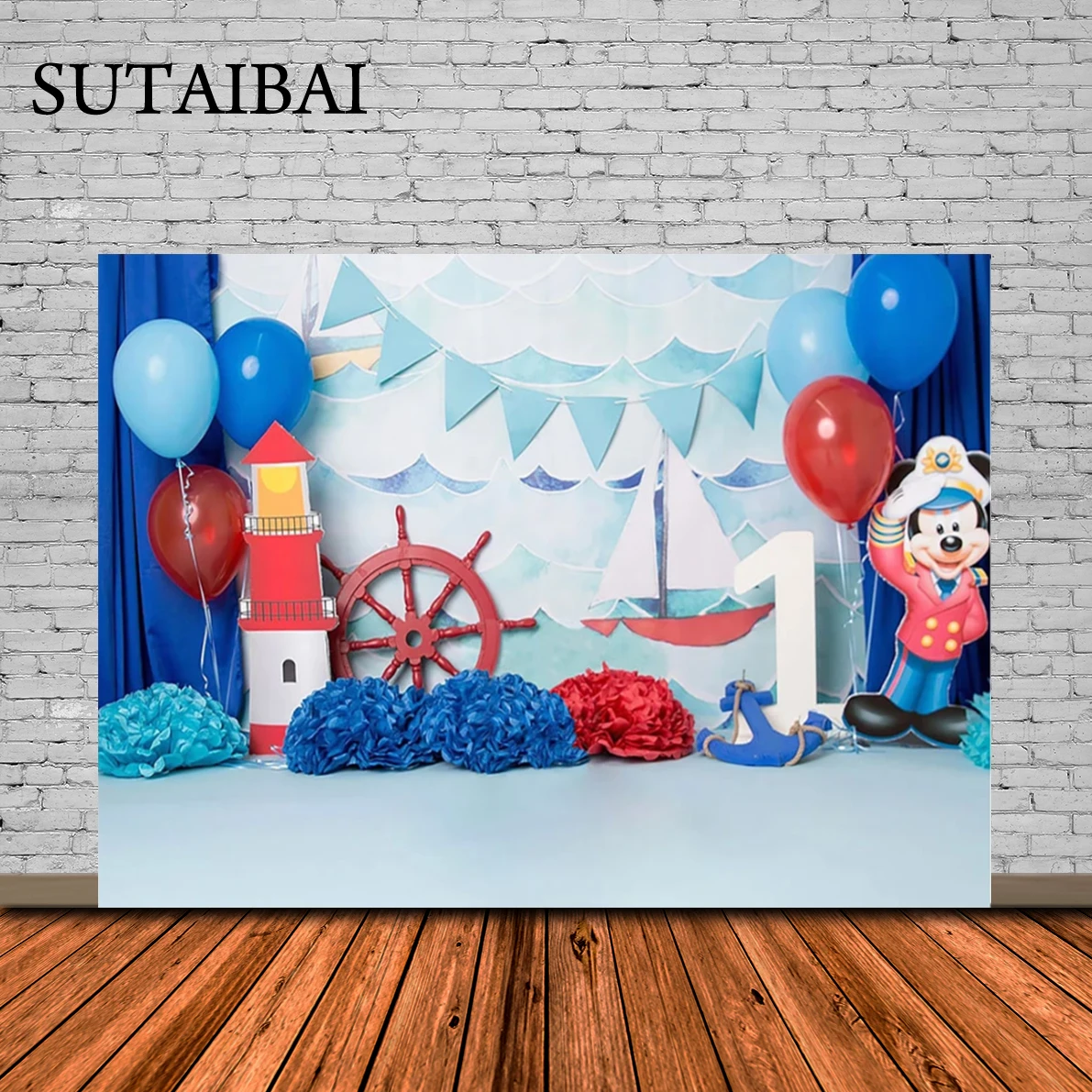 

1st Birthday Cake Smash Mickey Mouse Backdrop Sailboat Sailor Sailing Adventure Background for Photo Studio First Birthday Prop