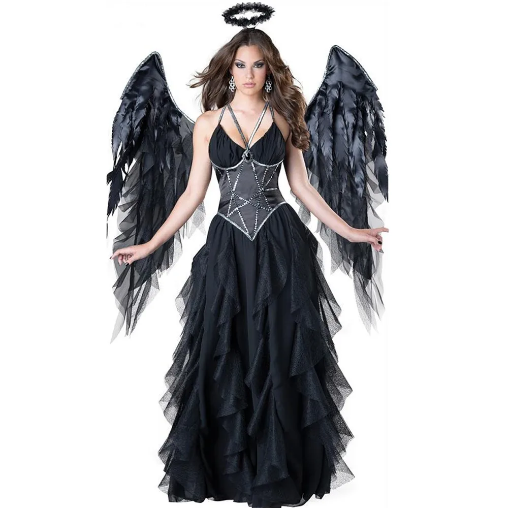 

Sexy Devil Fallen Angel Costumes, classic Halloween party fancy dress black wings and black halo cosplay