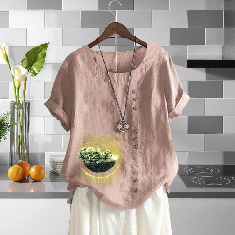 

2022 Fashion Leisure Beautiful Scenery Printed Blouse Vintage Short Sleeve Loose Solid Shirt Cotton Linen Round Neck Tops XS-5XL