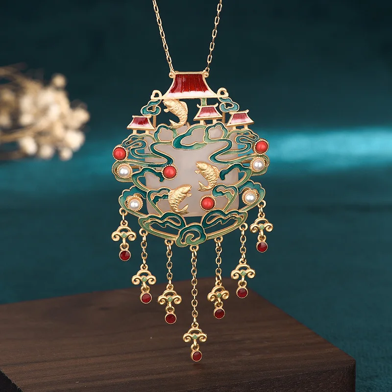 

18k classical accessories ancient gold-plated Hetian jade fish leap dragon gate tassel ancient style cheongsam women's necklace