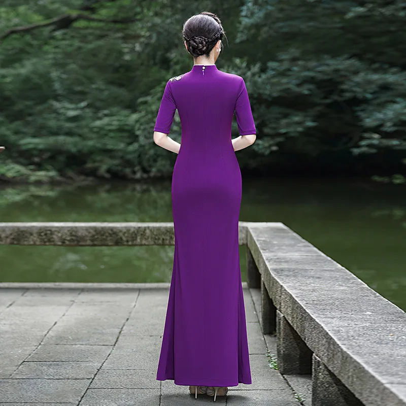 Длинное платье-русалка Cheongsam с фиолетовым принтом модное утягивающее платье
