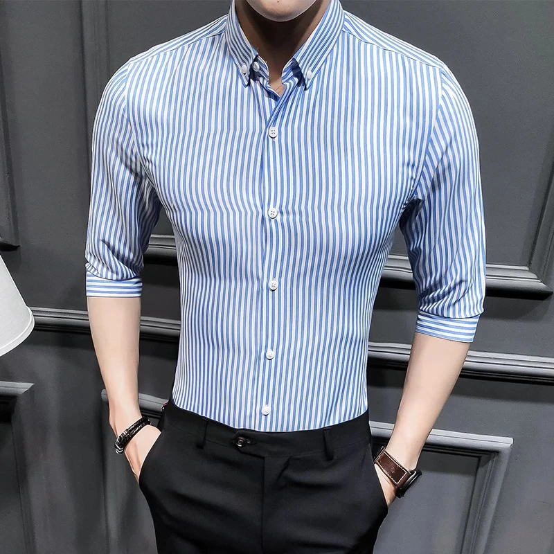 

Men's striped shirt slim long sleeved business single breasted shirt