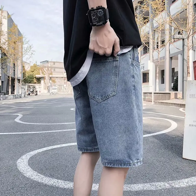Summer Knee Length Jeans Men Korean Style Denim Shorts Men Lace-up Mid-Waist Denim Straight Shorts Fashion Short Jeans Pockets