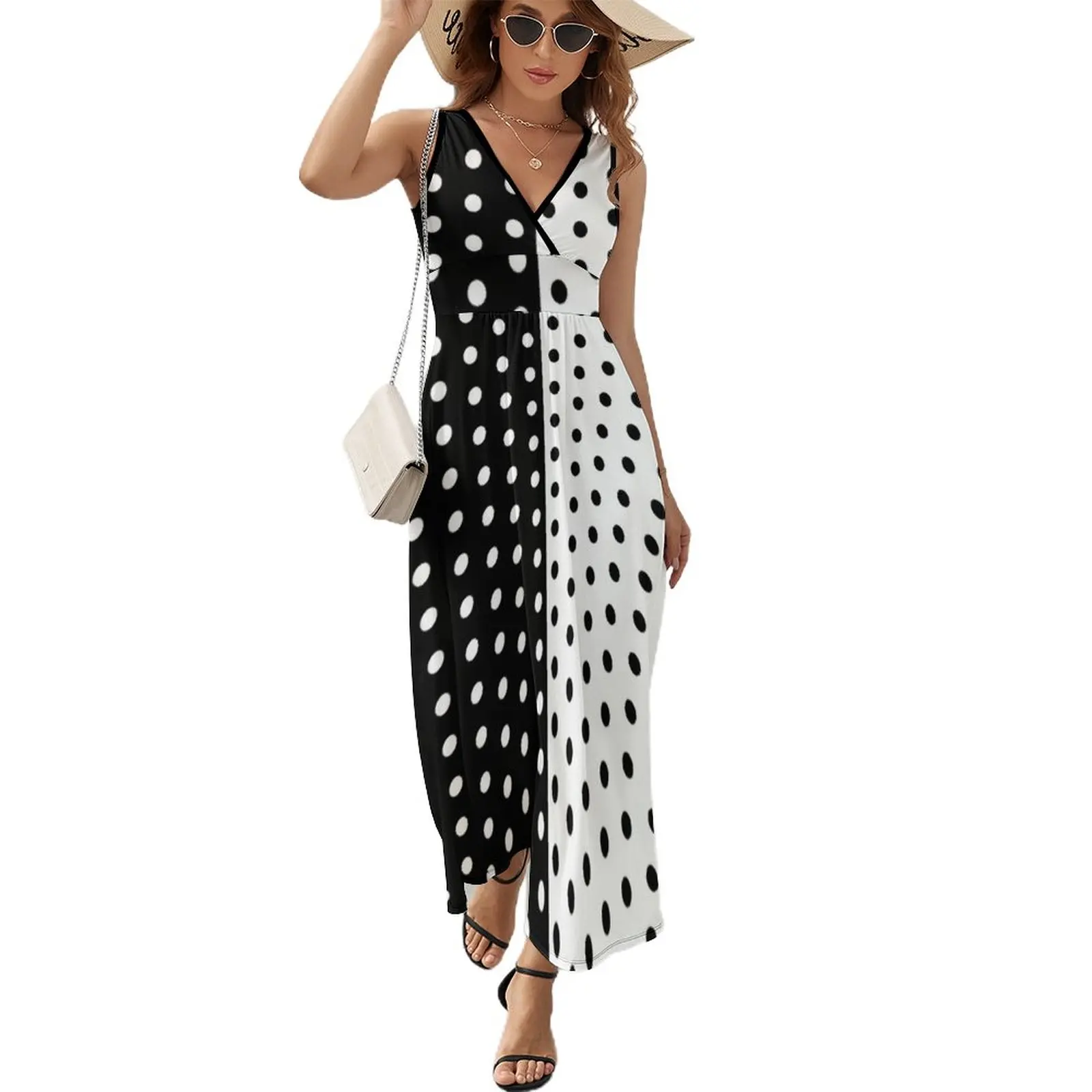 

RetroTwo Tone Dress Black And White Spotted Club Maxi Dress Street Wear Boho Beach Long Dresses Women Graphic Oversized Vestidos