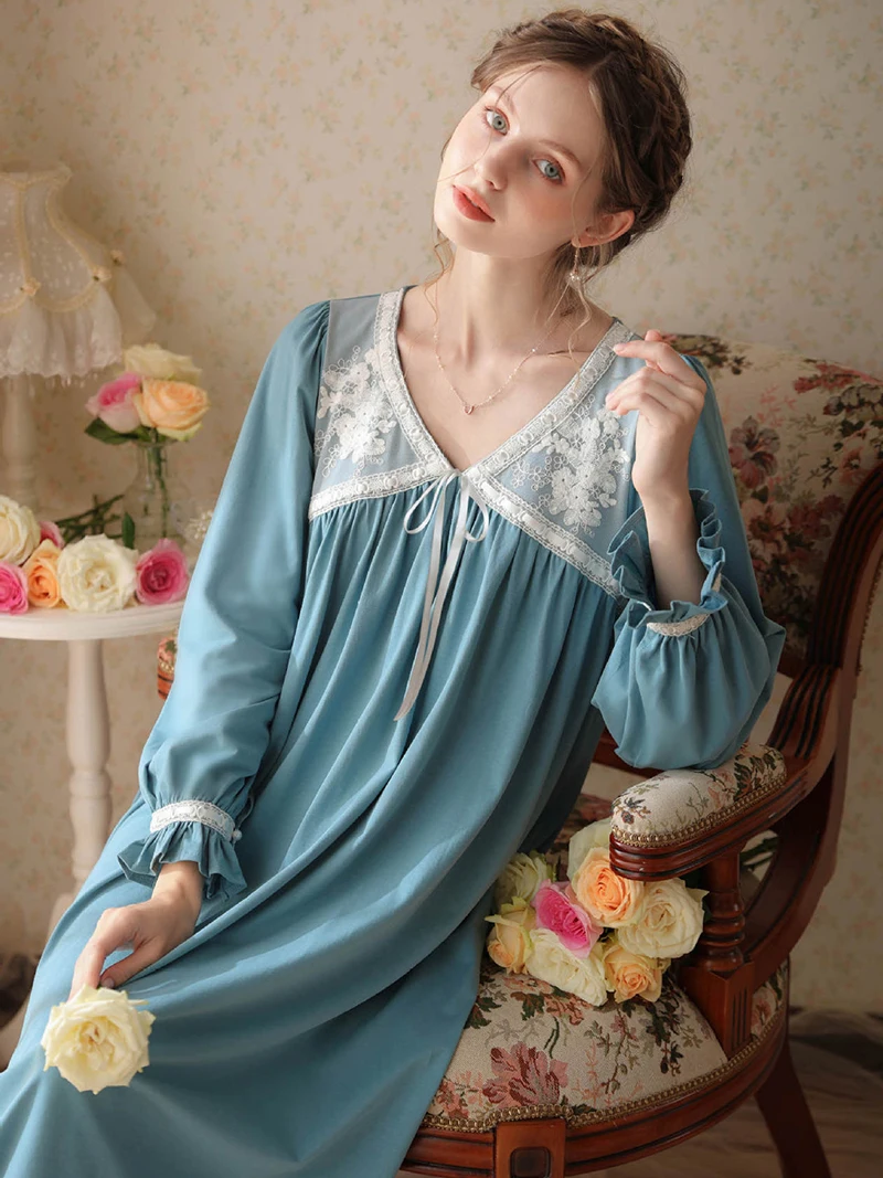 Women Pure Cotton Ruffles Vintage Nightgowns Robe V-Neck Long Dress Victorian Romantic Princess Sleepwear Nightdress Homewear