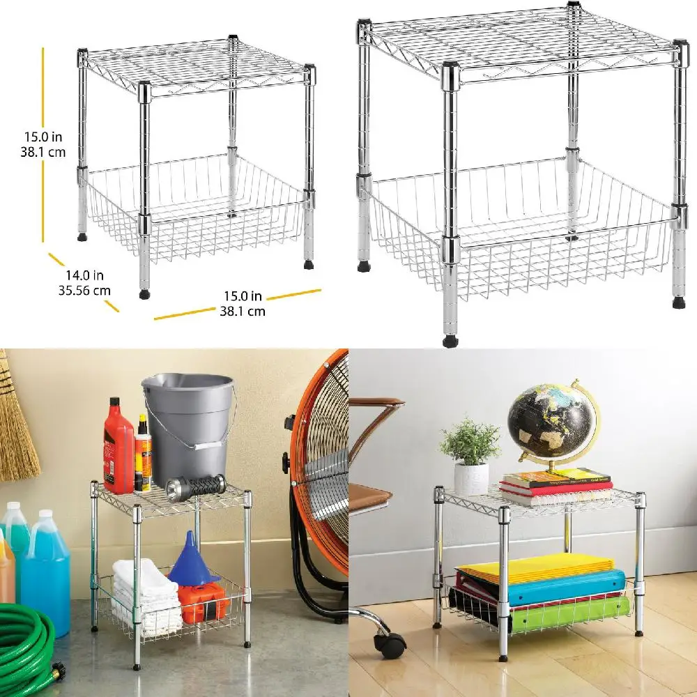 

Stylish Modern Elegant Chrome 2-Shelf Freestanding Shelves - 15"W x 14"D x 15"H - Perfect Storage Solution for Home or Office.