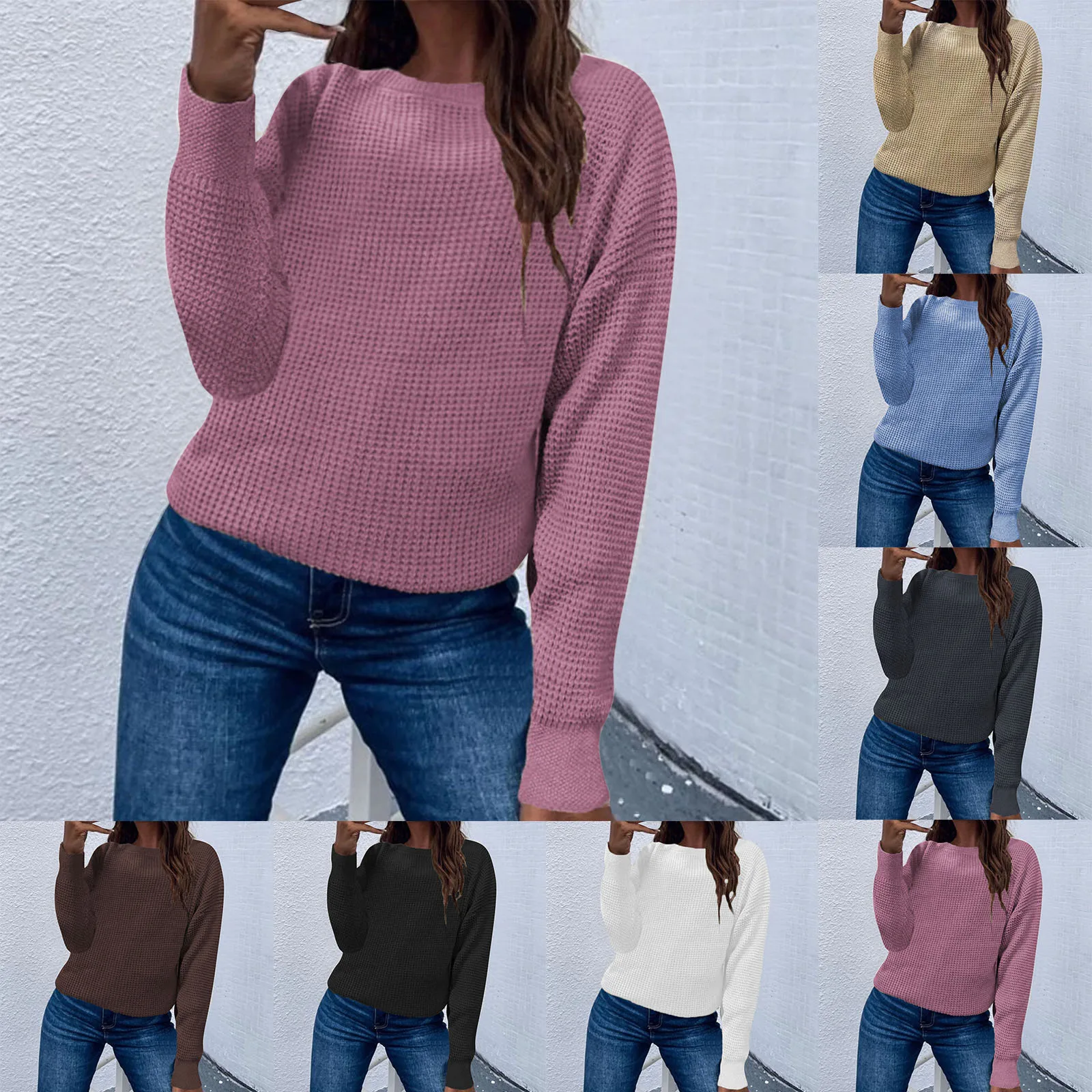 

Женский свободный вязаный свитер с длинным рукавом, повседневный пуловер с круглым вырезом, женские топы без капюшона