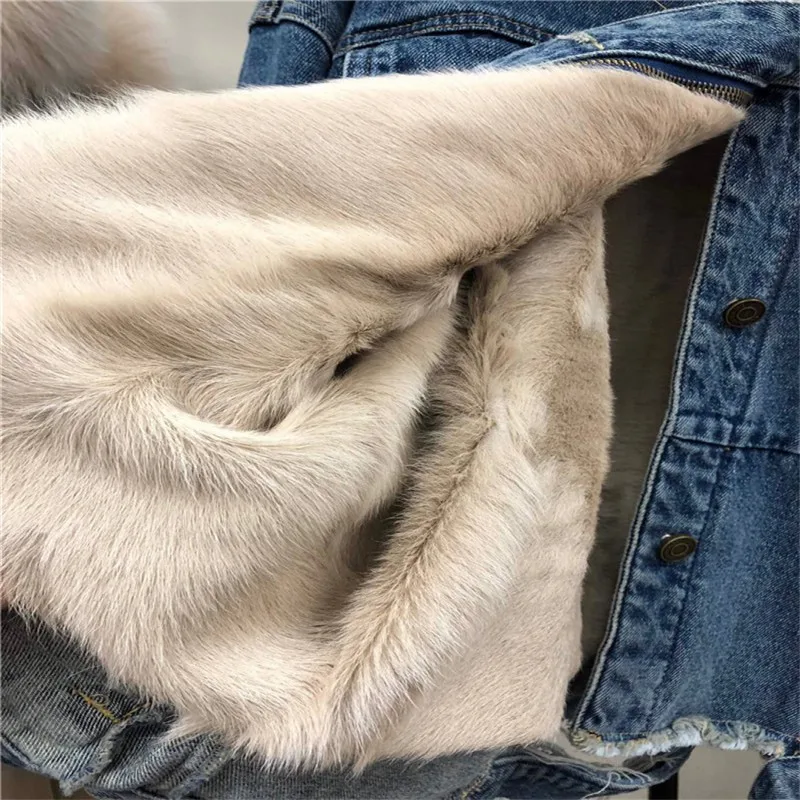 Back cartoon cat print thick fur liner real fur parka women natural raccoon fur collar denim jacket oversized fur hood coat