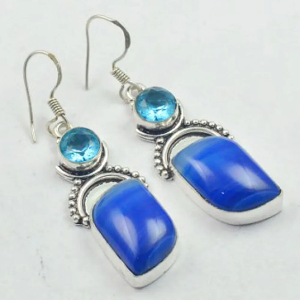 

Ботсванские Агаты & Голубой топаз серьги серебряные сверху меди, США Размер 58 мм, E3588