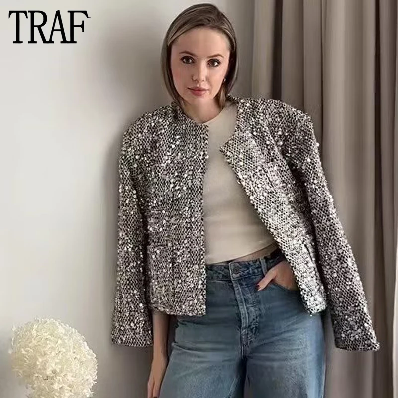 

TRAF 2023 Sequin Short Blazer Woman Open Cropped Jacket Women Long Sleeve Tweed Blazer for Women Streetwear Women's Blazers