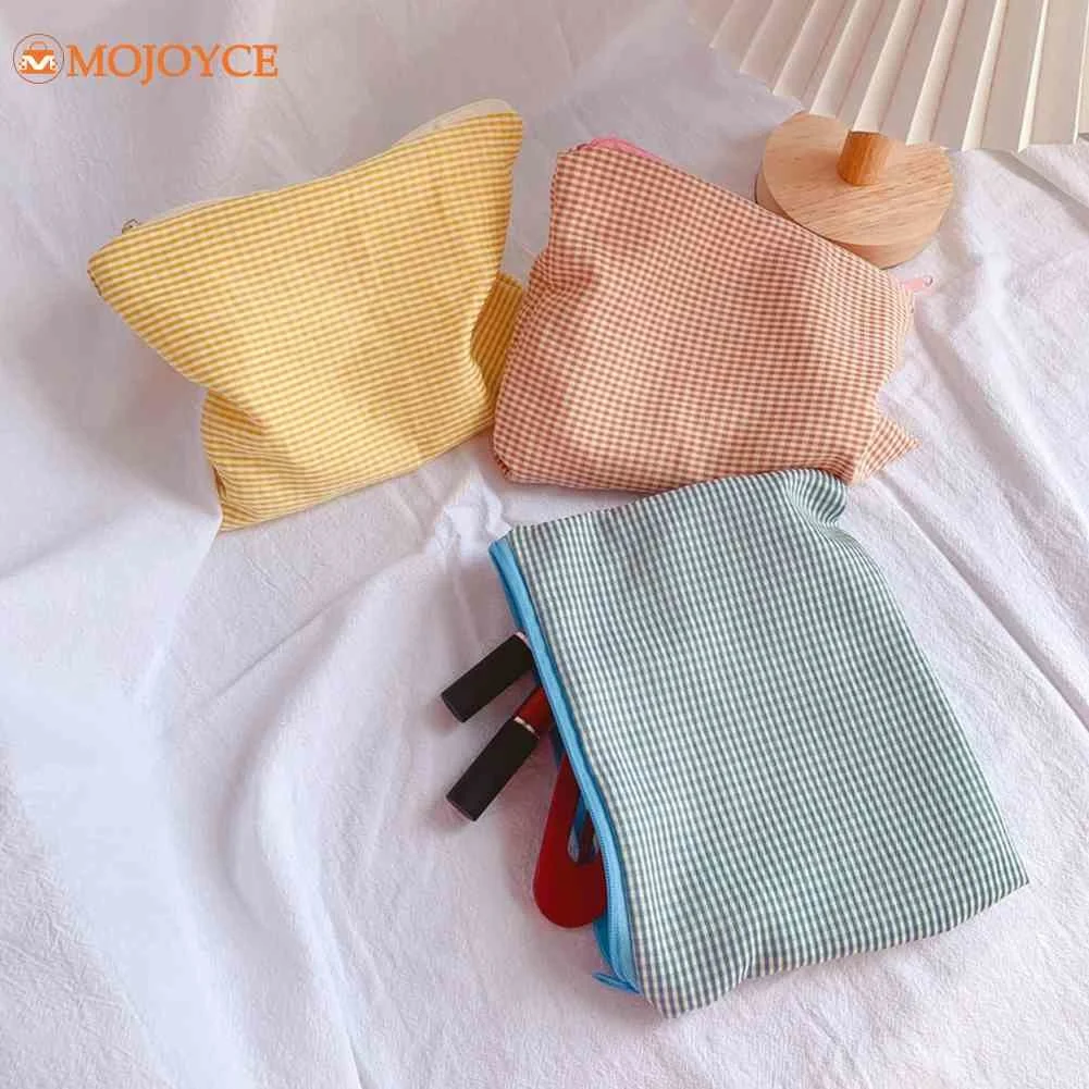

Korea Simple Plaid Makeup Bag Cream Colors Cosmetic Bags Cheap Quality Soft Cotton Make Up Organiser Bag Handbags Pencil Case