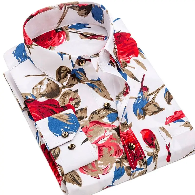 Fashion Men's Printed Floral Long Sleeve Shirt Soft Thin Spring Summer Standard Fit Holiday Casual Shirt
