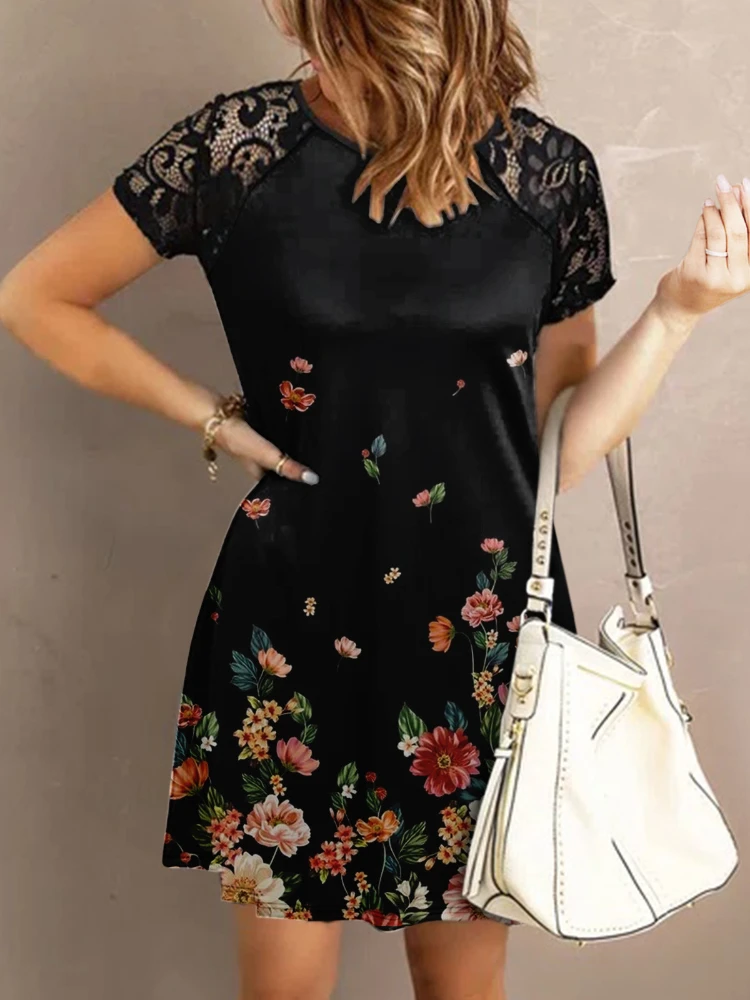 

Мини-платье женское кружевное в стиле пэчворк, с коротким рукавом