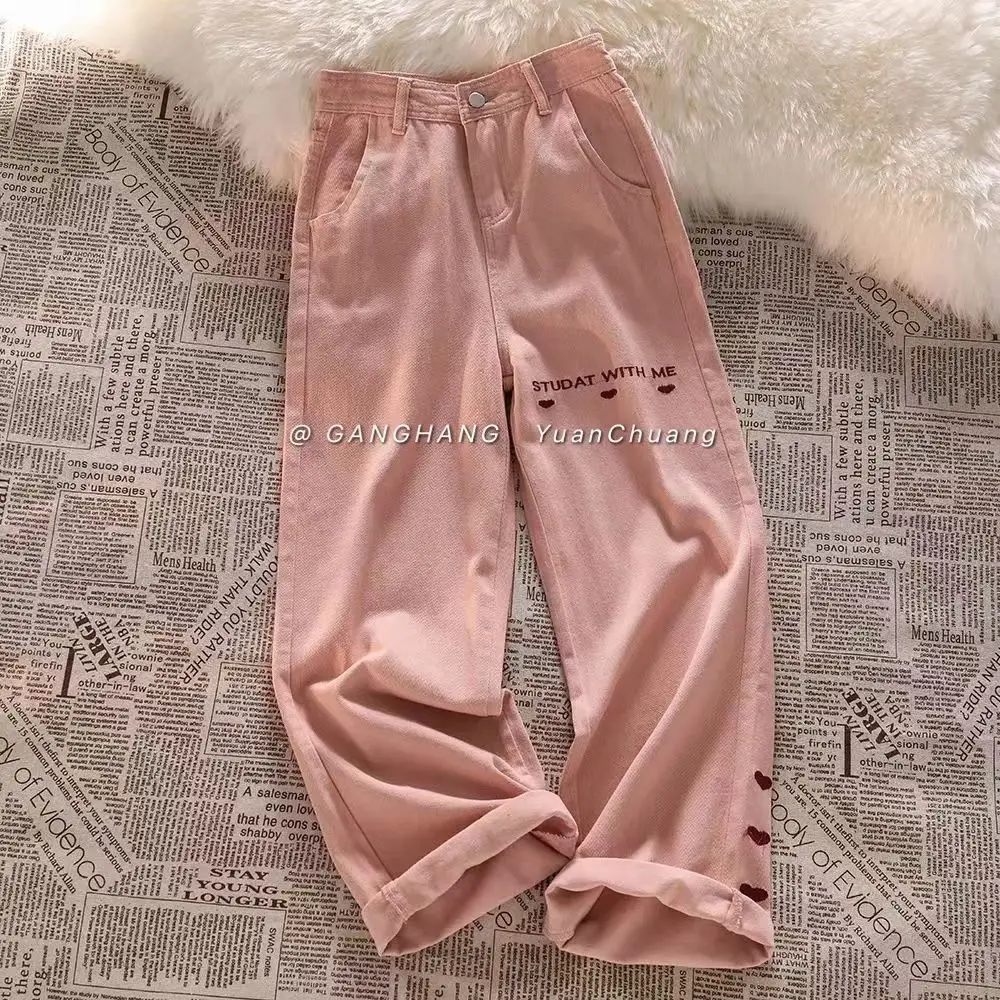 

Женские джинсы с широкими штанинами Pink Love, Модные свободные Узкие прямые брюки с высокой талией в Корейском стиле для весны и осени