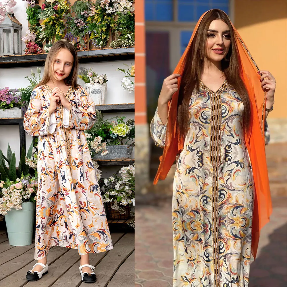Women Spring Summer Muslim Parent-child Dress Printed Skirt Turkish Indian Abaya Arab Islamic Women Moroccan Kraftan Gown