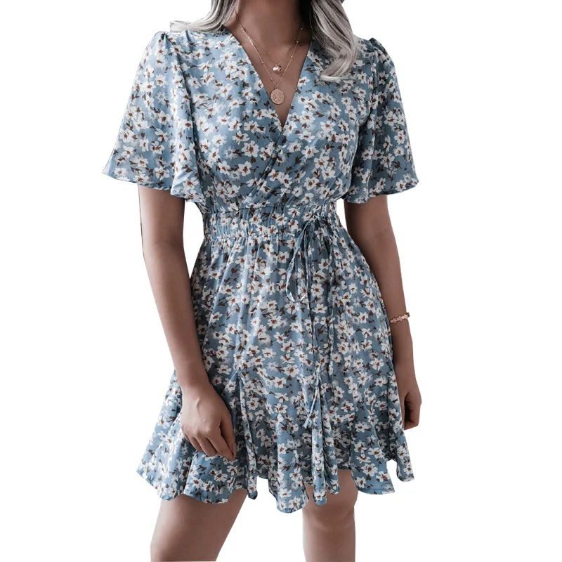 

New Summer Floral Dress For Women High Waist Lace up Ruffle Dresses A-Line Sexy V-Neck Female Short Sleeve Chiffon Mini Dress