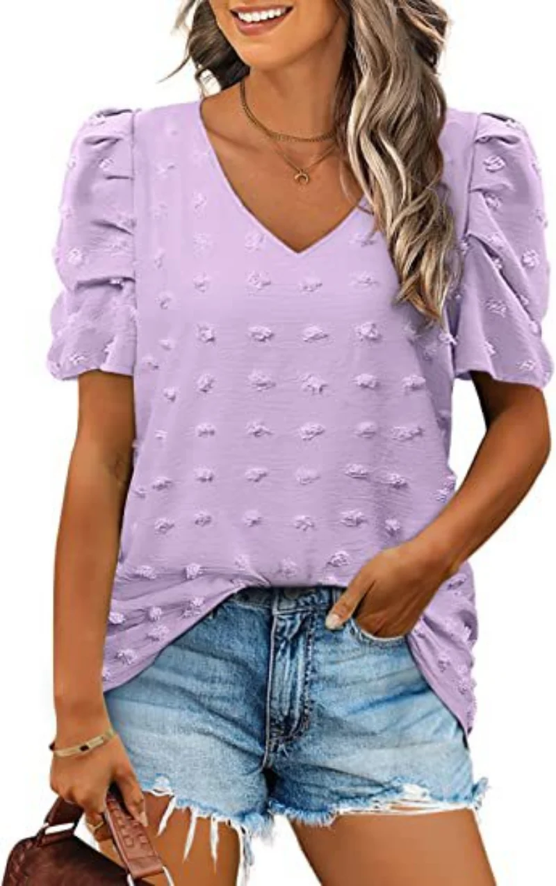 

2023 Summer Sweet Blouse O-neck Fashion Women's Casual Loose Shirts Women V-neck Puff Sleeve Thin Plaid Shirt Blusas 24988