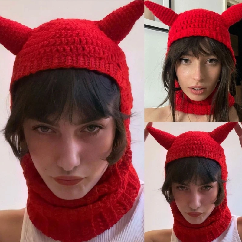 

Women‘s Fashion Halloween Windproof Hat Dress Up Hat Horn Knitting Solid Cartoon Cute Party Stage Hat with Neckerchief