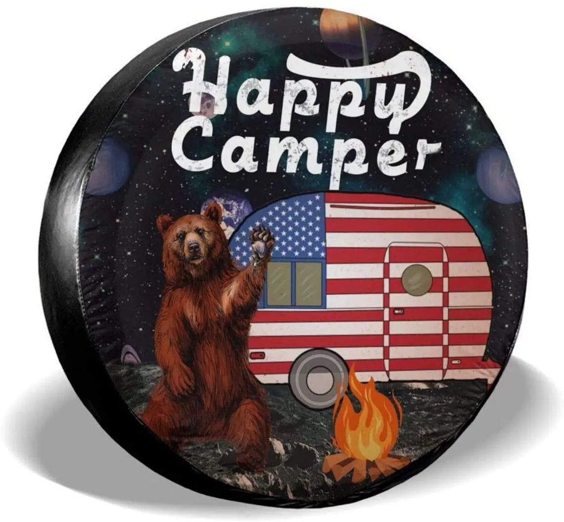 

Socira Car Tire Covers, Happy Camper Bear Universe Exploration Wheel Protectors, American Flag Wheel Cover, Block UV Rays Spare