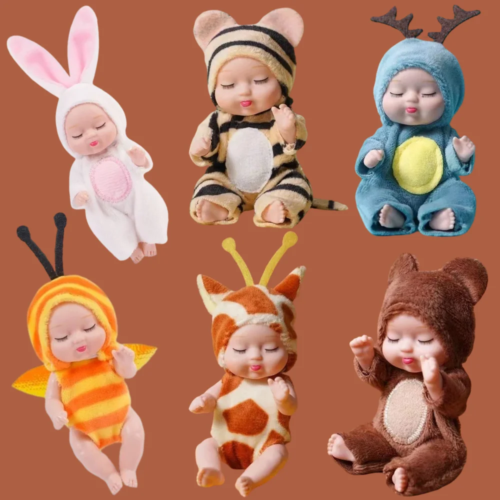 

New 11cm Mini Sleep Simulation Rebirth Doll Cute Closed Eyes Baby Cartoon Animal Clothes Children Toys Birthday Gift