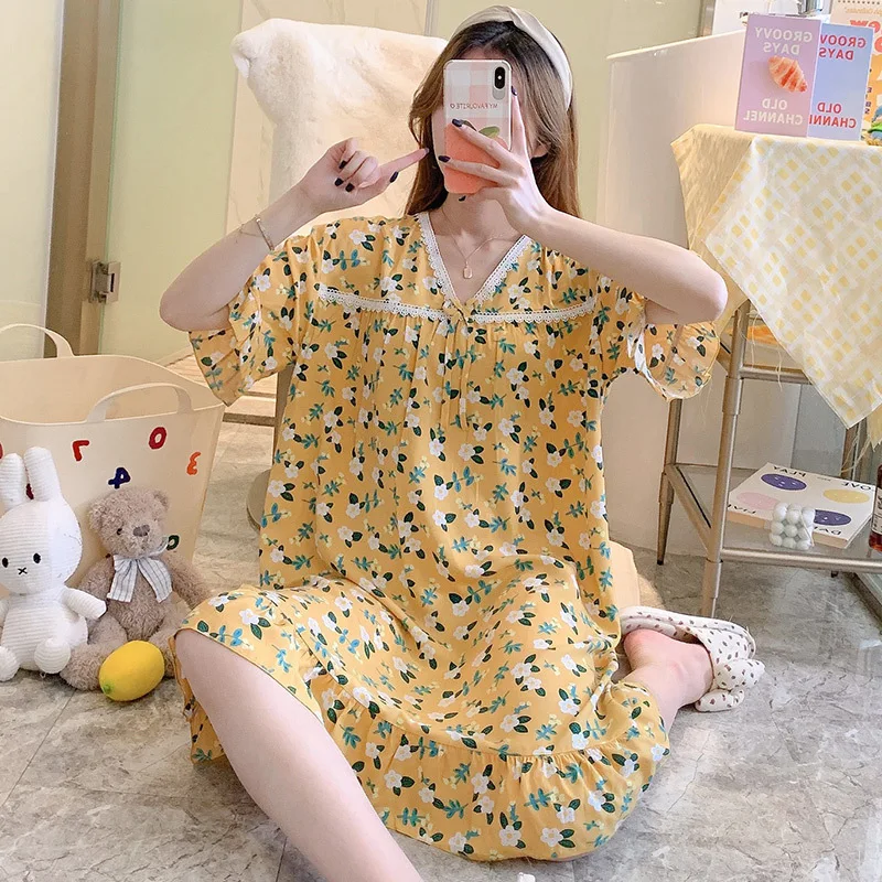 Sweet Nightgowns for Women Cute Sleepshirts V Neck Lace Trim Short Sleeve Sleepwear Soft Comfy Sleep Nightshirt Pajama Dresses