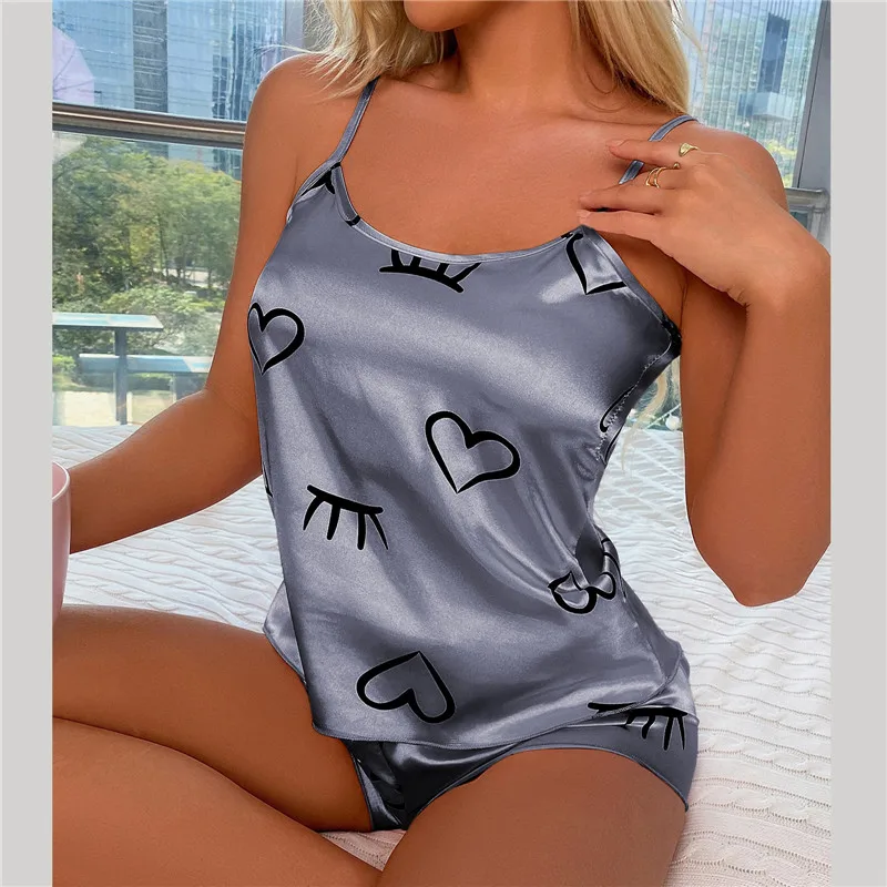 2023 New Fashion Sexy Floral Pajamas Set Women's 2-piece Pajamas Silk Satin Halter Top and Shorts Pajamas